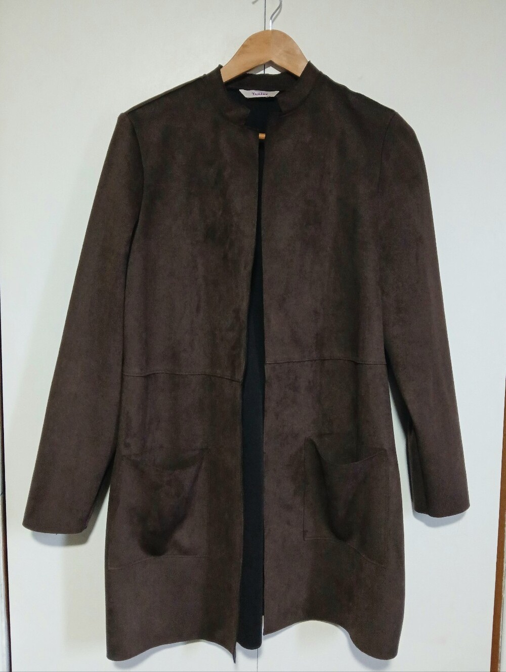 Tanjay Dark Brown Faux Suede Open Front Duster Coat Cardigan Patch Pockets L